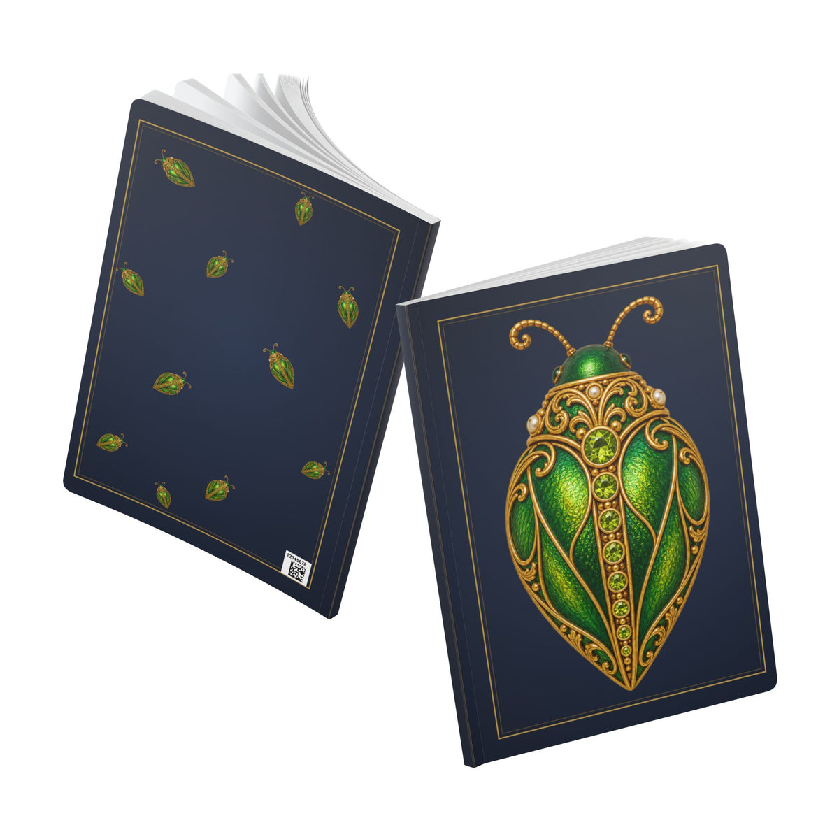 Jeweled peridot beetle journal with vintage brooch art on a navy cover, August birthstone gift