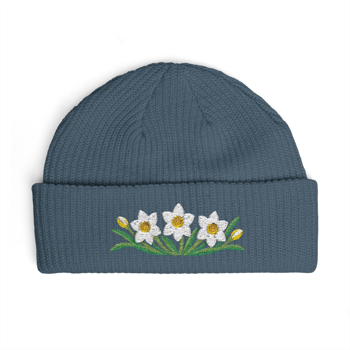 Cuffed knit beanie embroidered with the narcissus, December birth flower, view 5