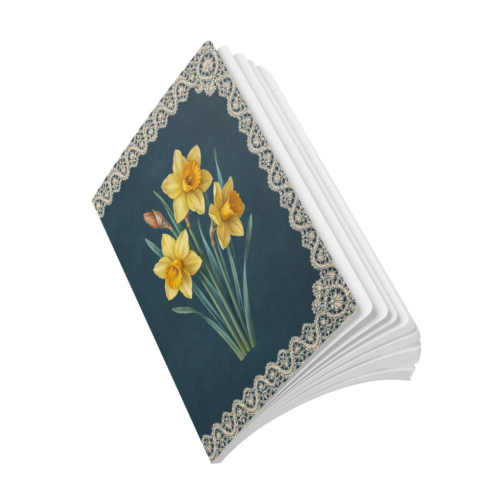 March birth flower journal with yellow daffodil oil painting art and lace border on a teal cover, view 10