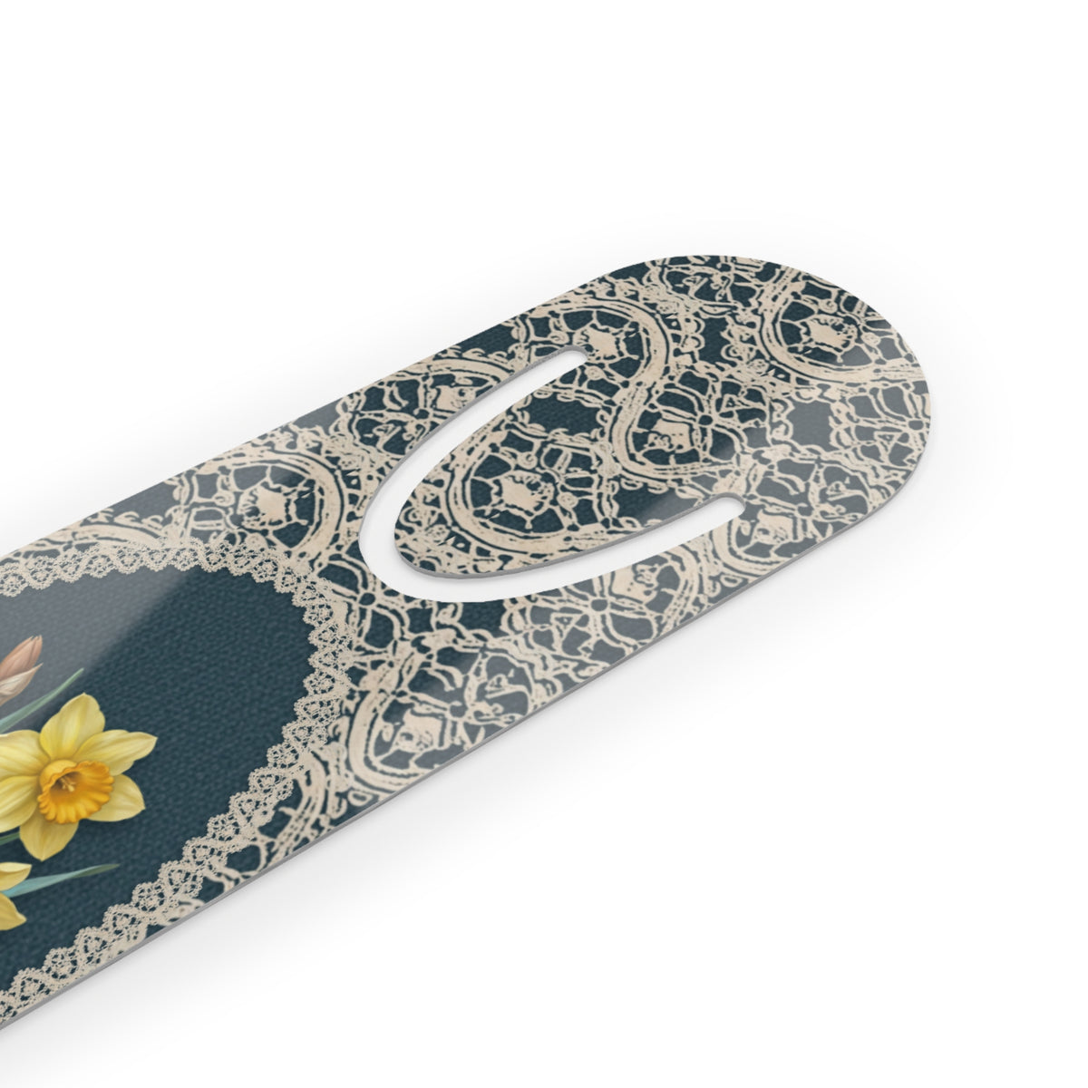 Metal bookmark with yellow daffodil, the March birth flower, in vintage lace floral art, view 3