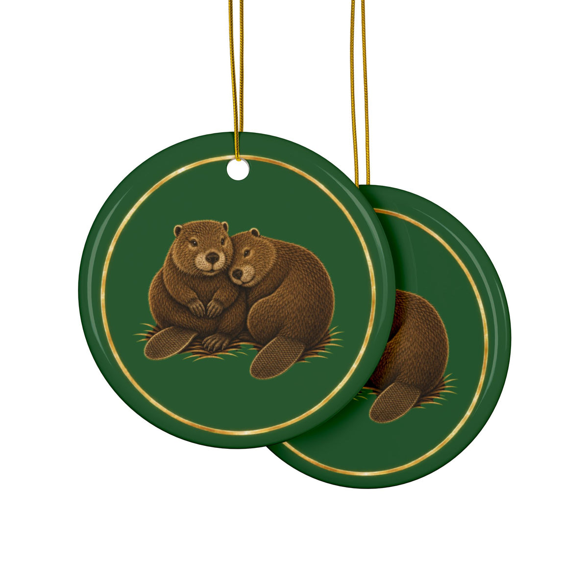 Beavers Ornament, Woodland Creatures Christmas Ornament, Green and Gold Ceramic Ornament, Beaver Gift