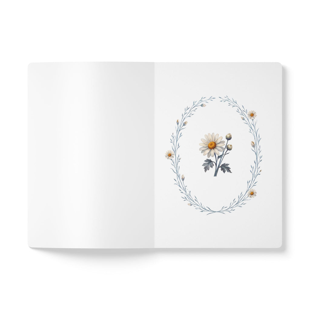April birth flower journal with white daisy oil painting art and lace border on a teal cover, view 4