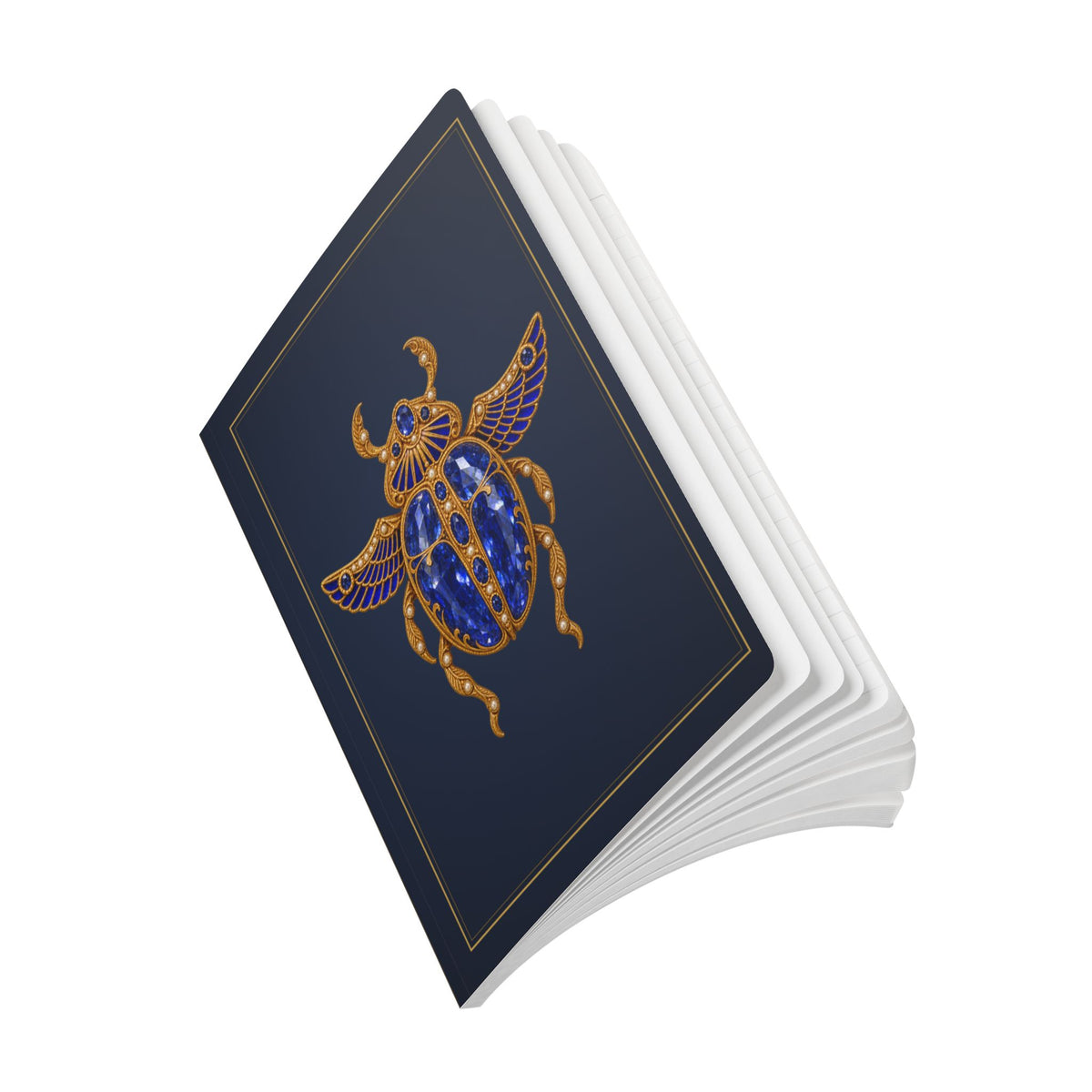 Jeweled sapphire scarab journal with vintage brooch art on a navy cover, September birthstone gift, view 11