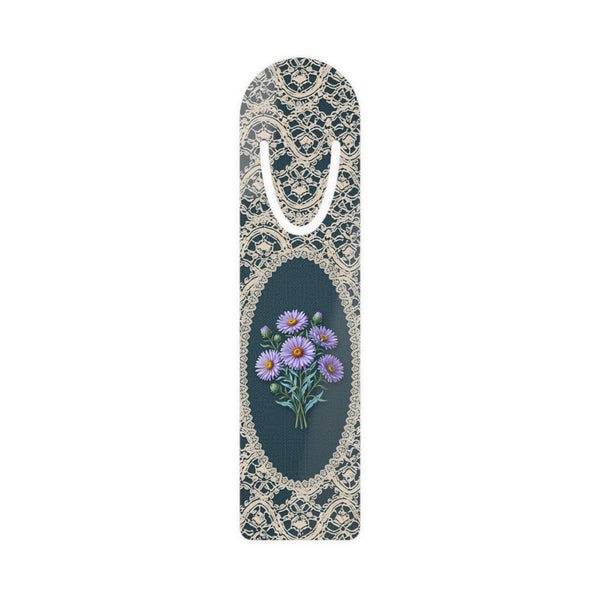 Metal bookmark with purple aster, the September birth flower, in vintage lace floral art