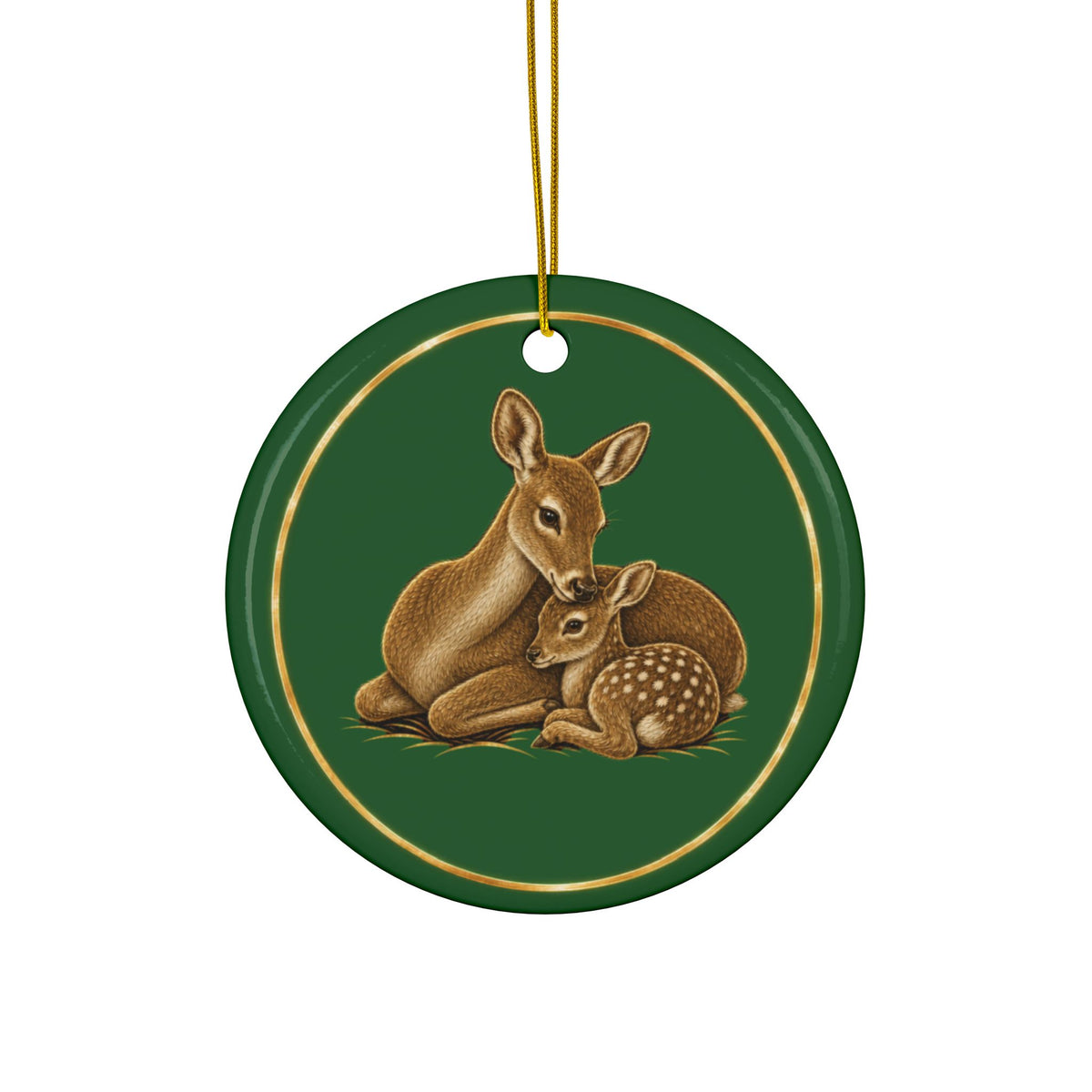 Doe and Fawn Ornament, Woodland Creatures Christmas Ornament, Green and Gold Ceramic Ornament, Mom Gift