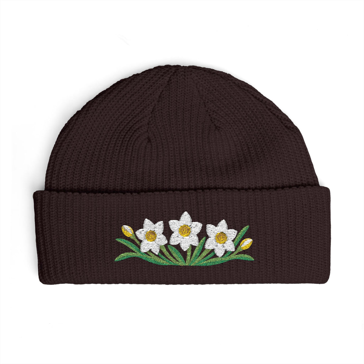 Cuffed knit beanie embroidered with the narcissus, December birth flower, view 7