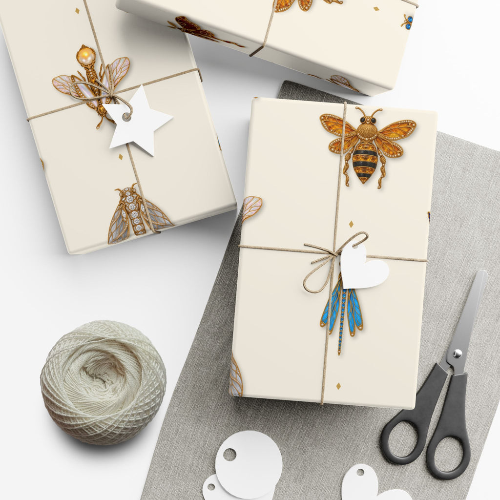 Jeweled Insect Wrapping Paper, Ivory Bridal Shower Gift Wrap, Vintage Brooch Bug Pattern, Elegant Wedding & Birthday Wrap