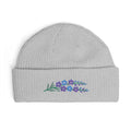 Cuffed knit beanie embroidered with the larkspur, July birth flower, view 4