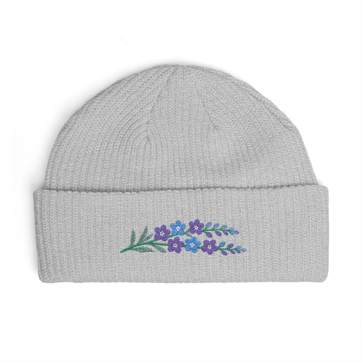 Cuffed knit beanie embroidered with the larkspur, July birth flower, view 4