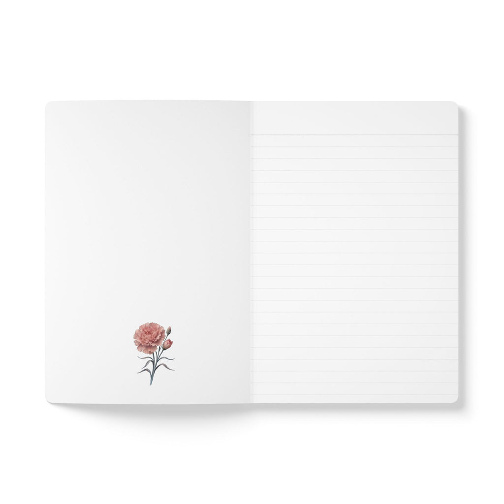 January birth flower journal with pink carnation oil painting art and lace border on a teal cover, view 7