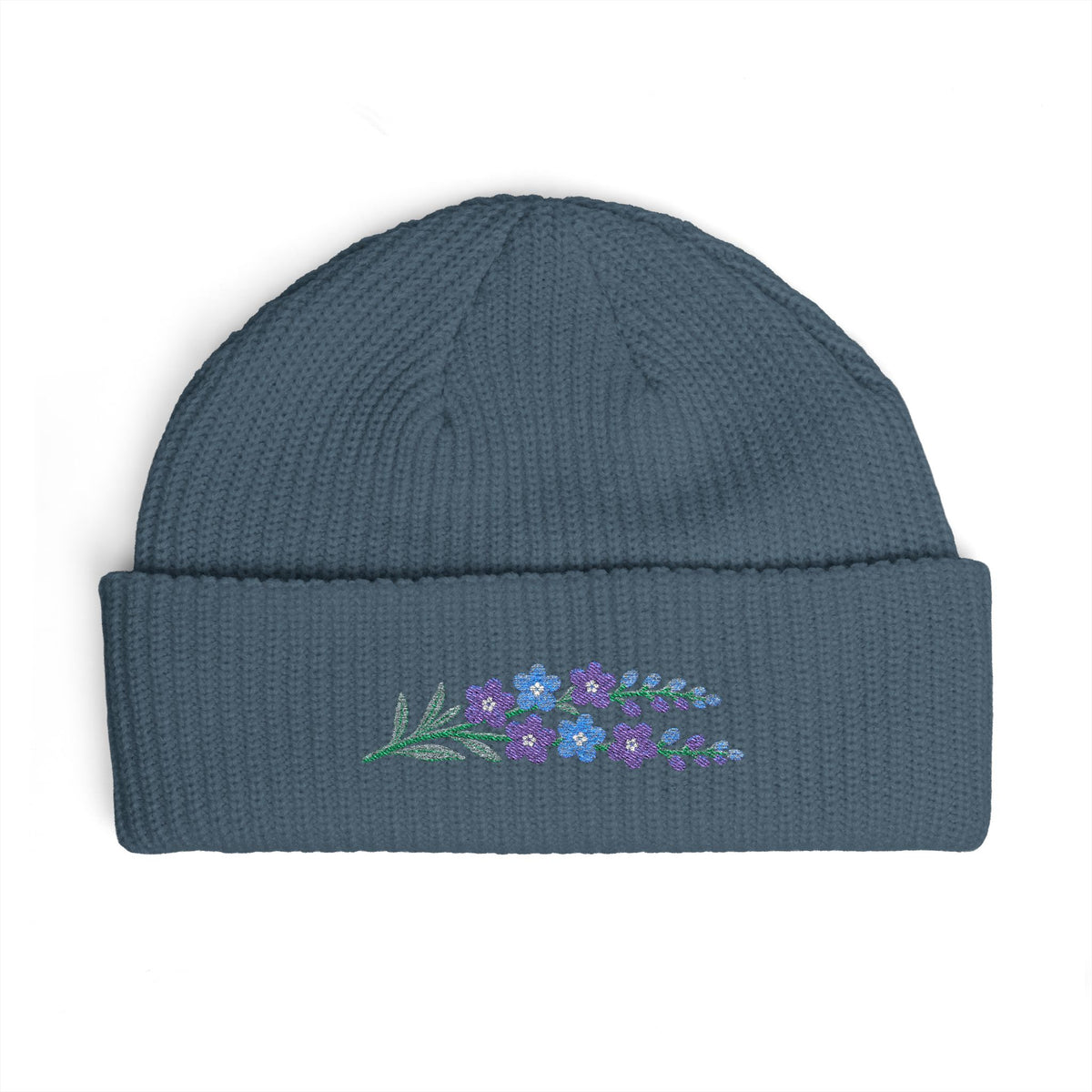 Cuffed knit beanie embroidered with the larkspur, July birth flower, view 6
