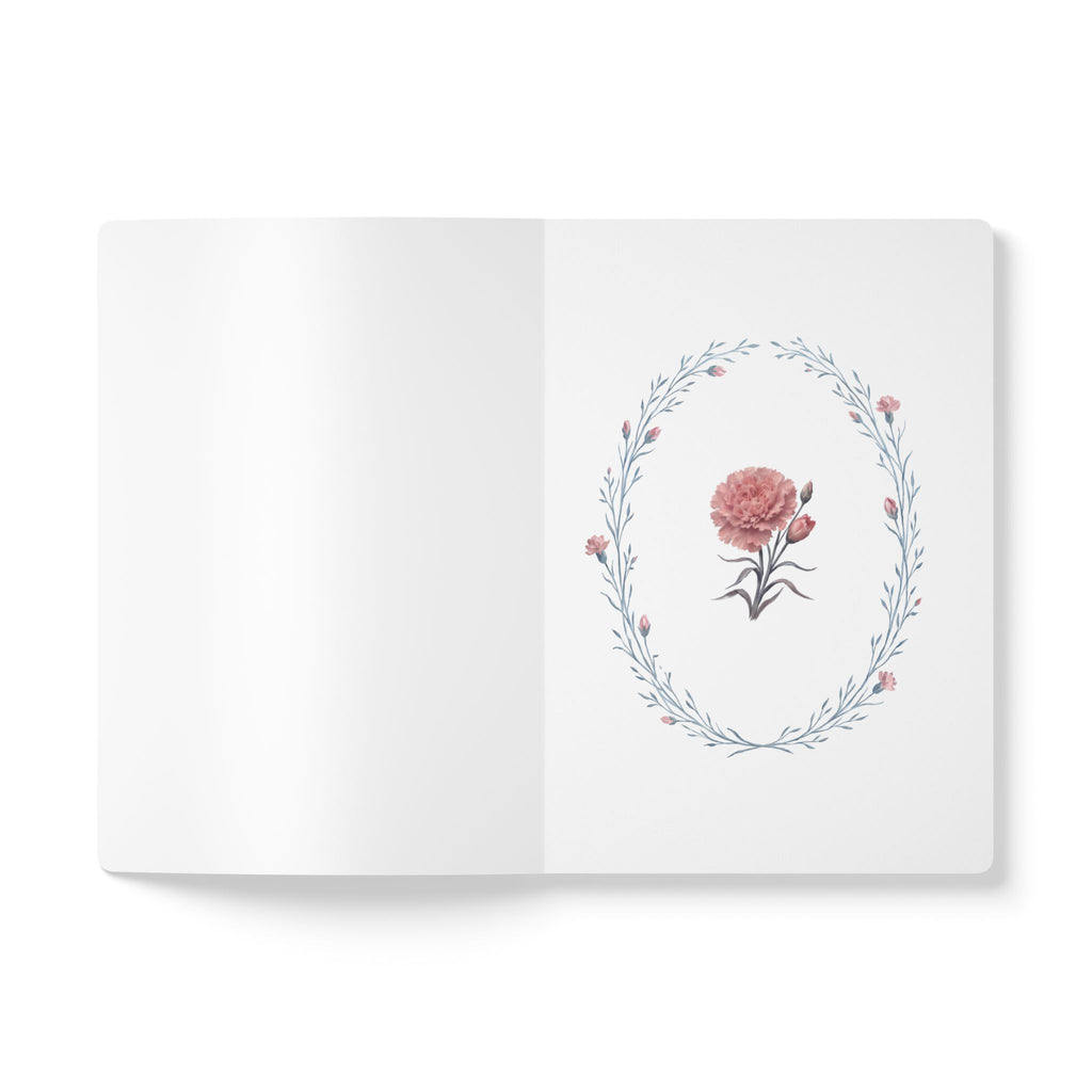 January birth flower journal with pink carnation oil painting art and lace border on a teal cover, view 4