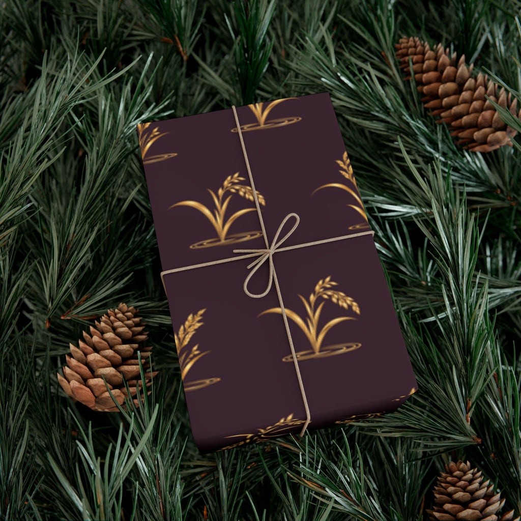 Elegant holiday wrapping paper with gold reeds and ducks on deep plum, view 9