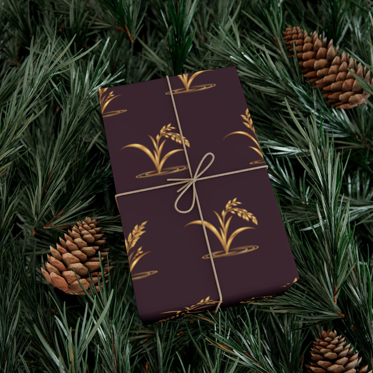 Elegant holiday wrapping paper with gold reeds and ducks on deep plum, view 9