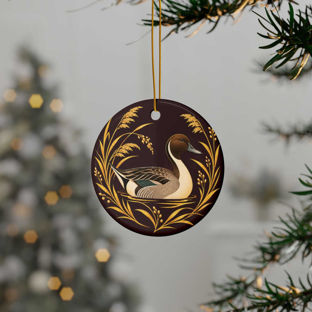 1960s-style pintail duck ceramic ornament in plum and gold, view 6
