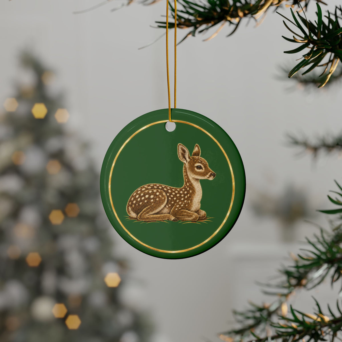 Fawn Ornament, Woodland Creatures Christmas Ornament, Green and Gold Ceramic Ornament, Deer Lover Gift