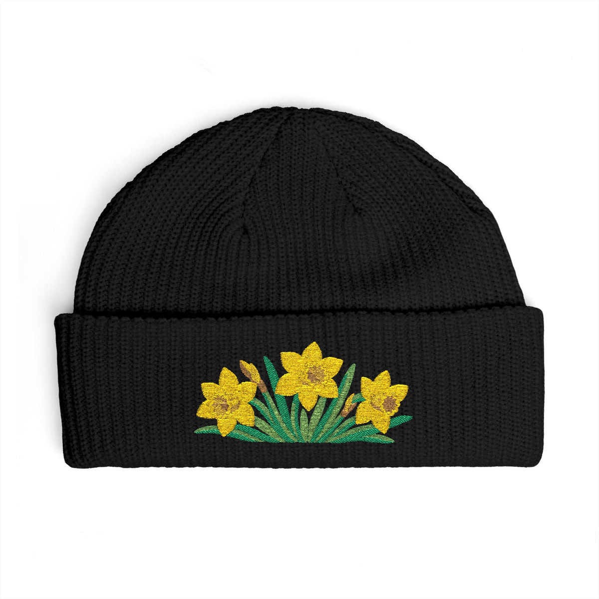 Cuffed knit beanie embroidered with the daffodil, March birth flower, view 2