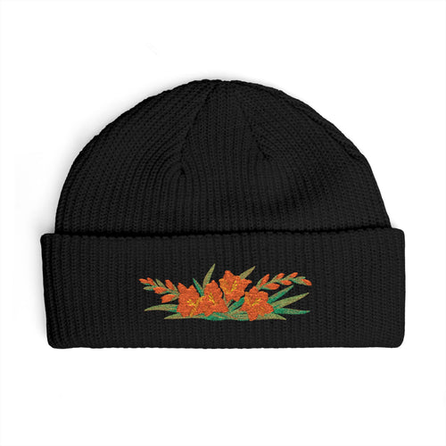 Cuffed knit beanie embroidered with the gladiolus, August birth flower, view 2