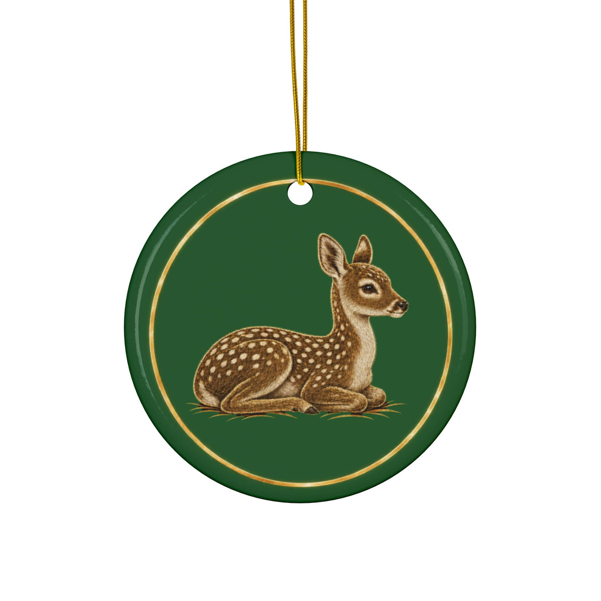 Fawn Ornament, Woodland Creatures Christmas Ornament, Green and Gold Ceramic Ornament, Deer Lover Gift
