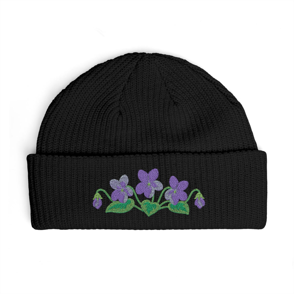 Cuffed knit beanie embroidered with the violet, February birth flower, view 2