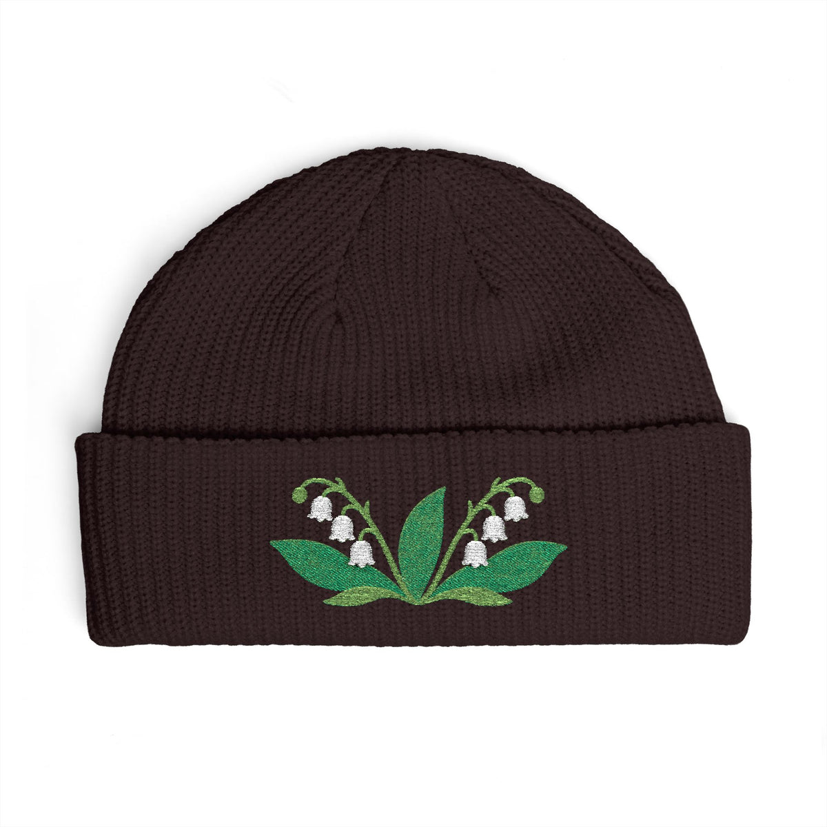 Cuffed knit beanie embroidered with the lily of the valley, May birth flower