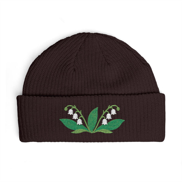 Cuffed knit beanie embroidered with the lily of the valley, May birth flower
