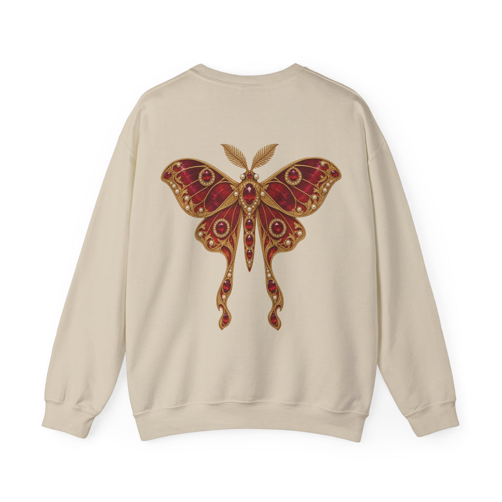 July birthstone sweatshirt with jeweled ruby moth brooch art and personalized monogram, view 2
