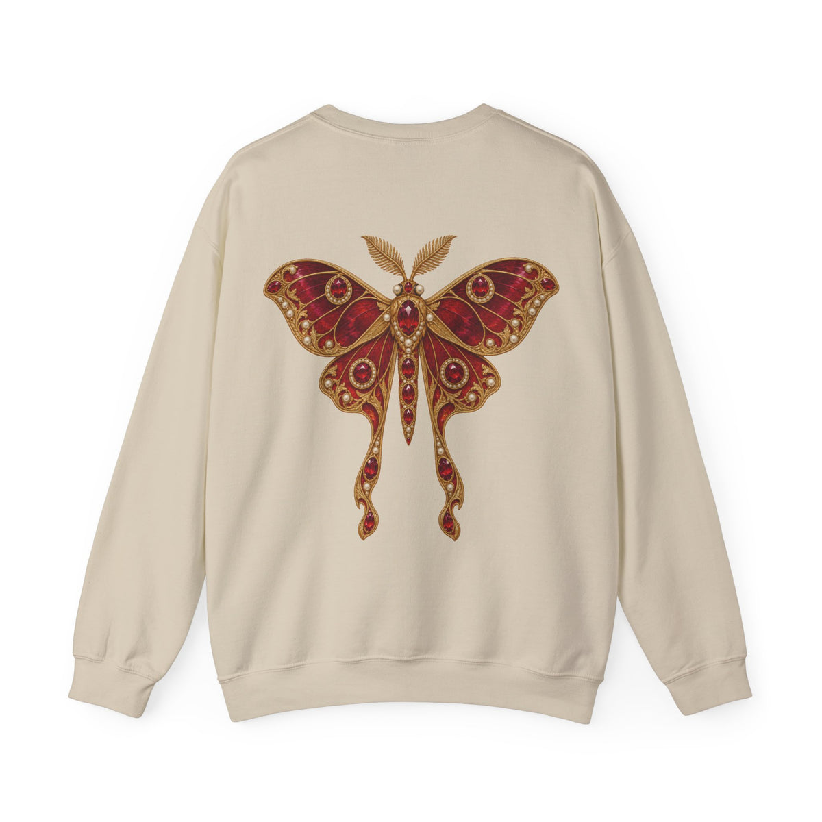July birthstone sweatshirt with jeweled ruby moth brooch art and personalized monogram, view 2
