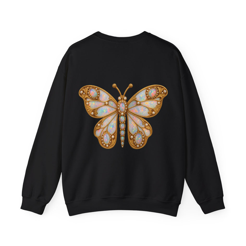 October birthstone sweatshirt with jeweled opal butterfly brooch art and personalized monogram, view 3