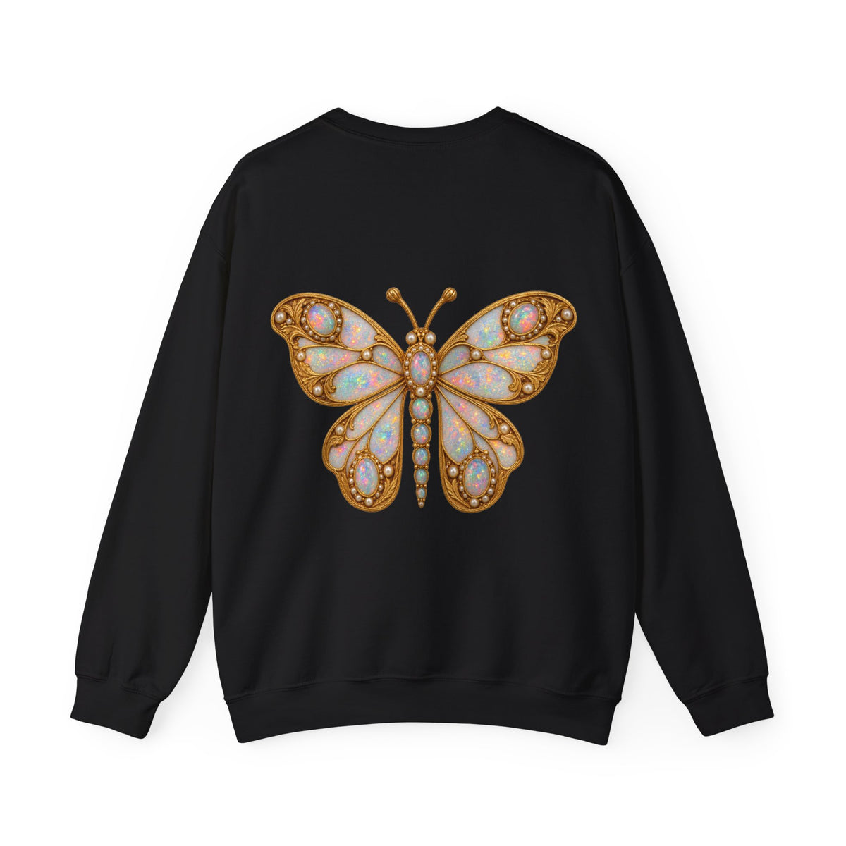 October birthstone sweatshirt with jeweled opal butterfly brooch art and personalized monogram, view 3