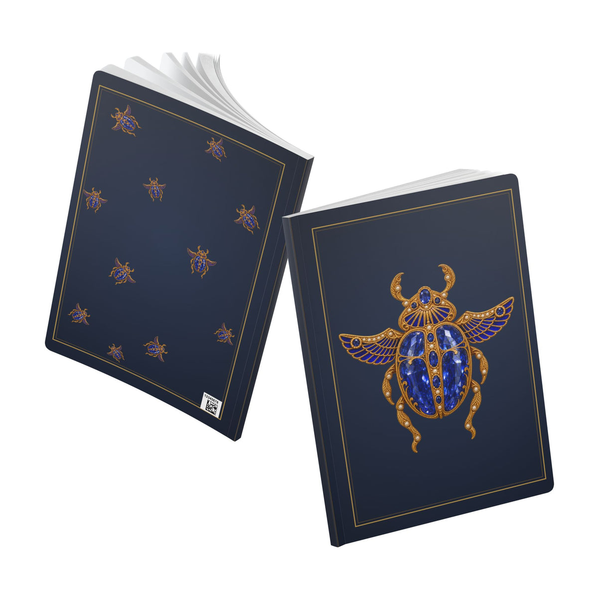 Jeweled sapphire scarab journal with vintage brooch art on a navy cover, September birthstone gift
