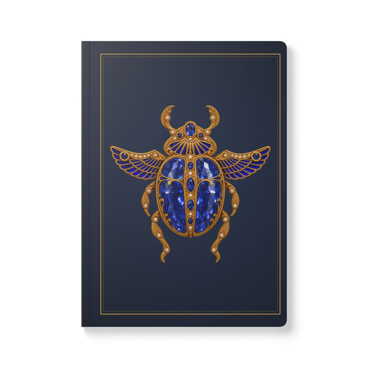 Jeweled sapphire scarab journal with vintage brooch art on a navy cover, September birthstone gift, view 2
