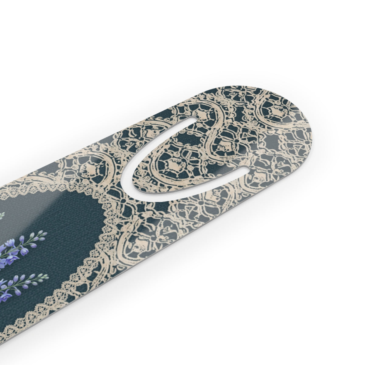 Metal bookmark with blue larkspur, the July birth flower, in vintage lace floral art, view 3