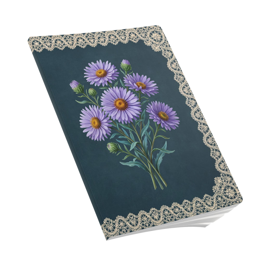 September birth flower journal with purple aster oil painting art and lace border on a teal cover, view 9