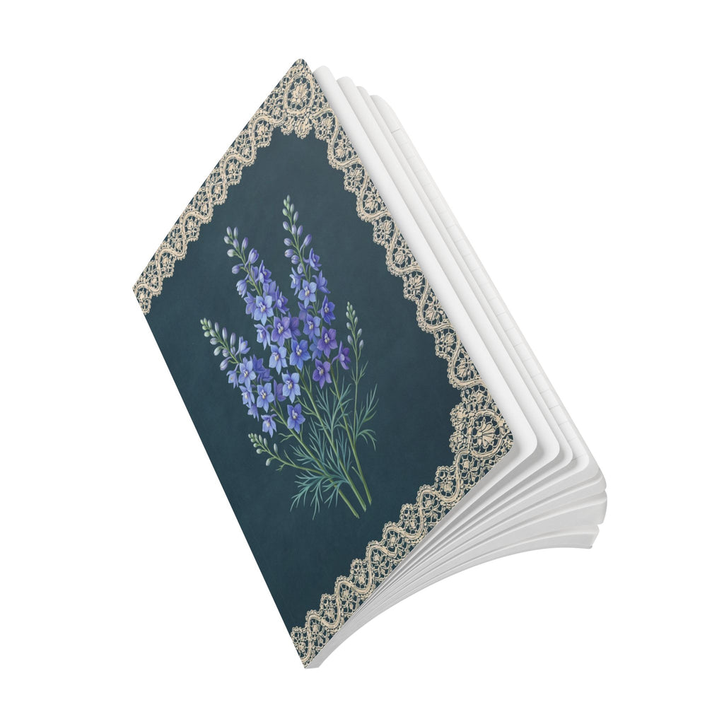 July birth flower journal with blue larkspur oil painting art and lace border on a teal cover, view 10