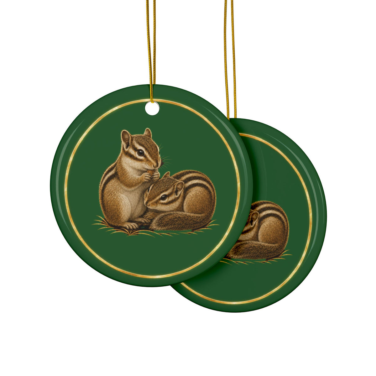 Chipmunks Ornament, Woodland Creatures Christmas Ornament, Green and Gold Ceramic Ornament, Chipmunk Gift