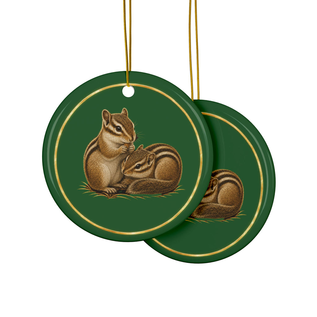 Chipmunks Ornament, Woodland Creatures Christmas Ornament, Green and Gold Ceramic Ornament, Chipmunk Gift