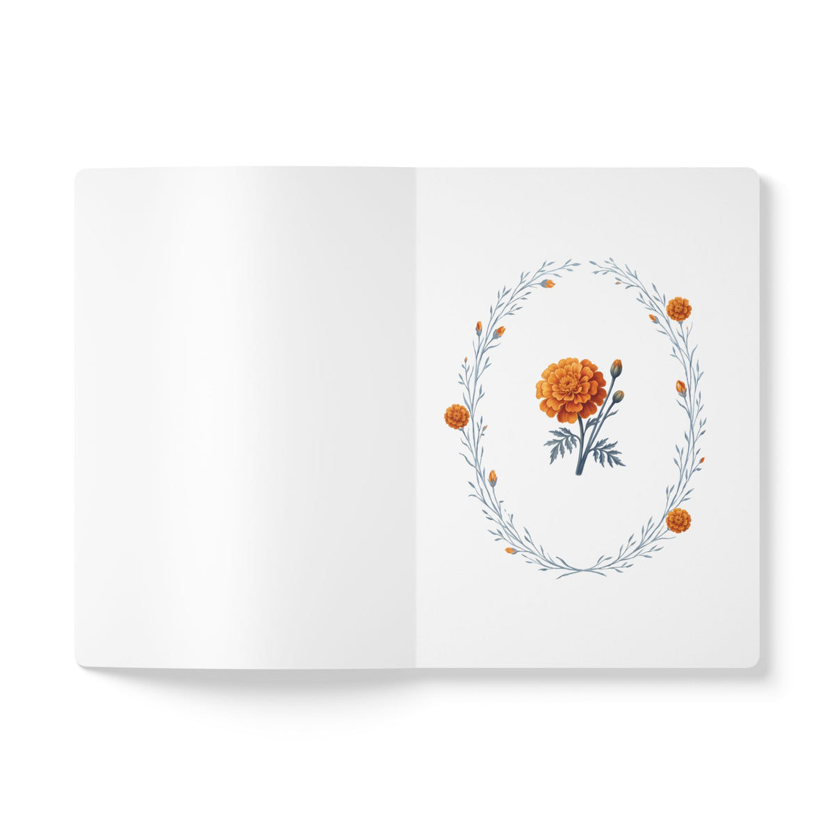 October birth flower journal with orange marigold oil painting art and lace border on a teal cover, view 4