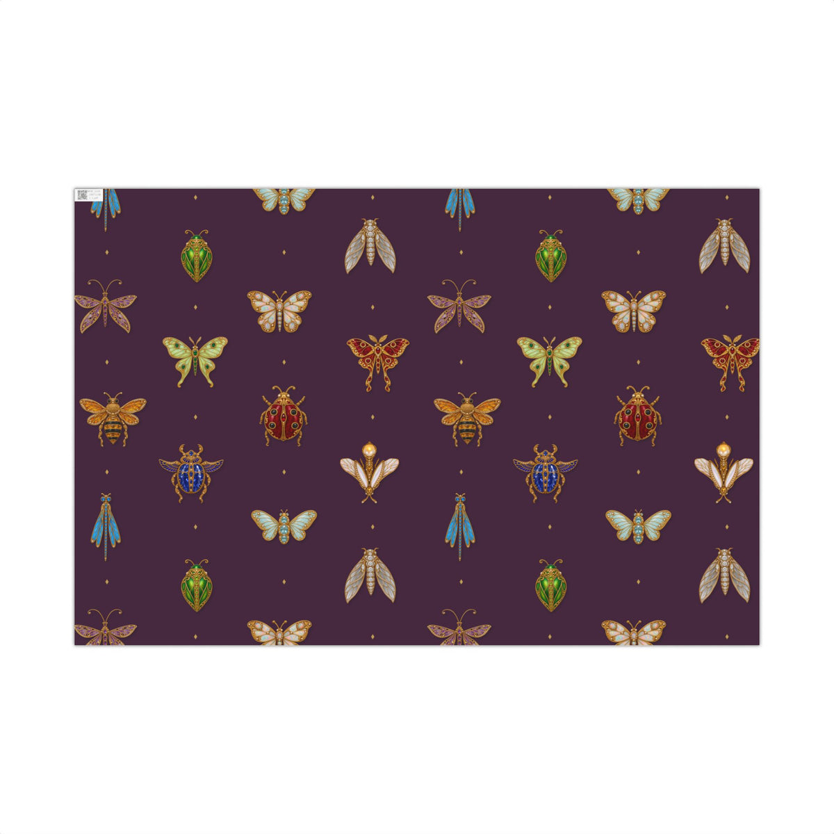Jeweled Insect Wrapping Paper, Deep Plum Gift Wrap, Vintage Brooch Bug Pattern, Luxe Holiday & Bridal Shower Wrap