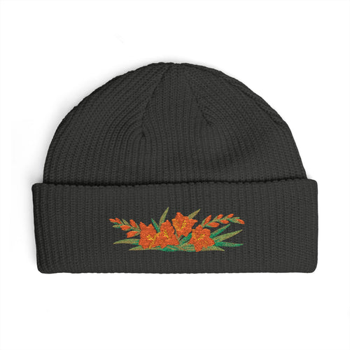 Cuffed knit beanie embroidered with the gladiolus, August birth flower