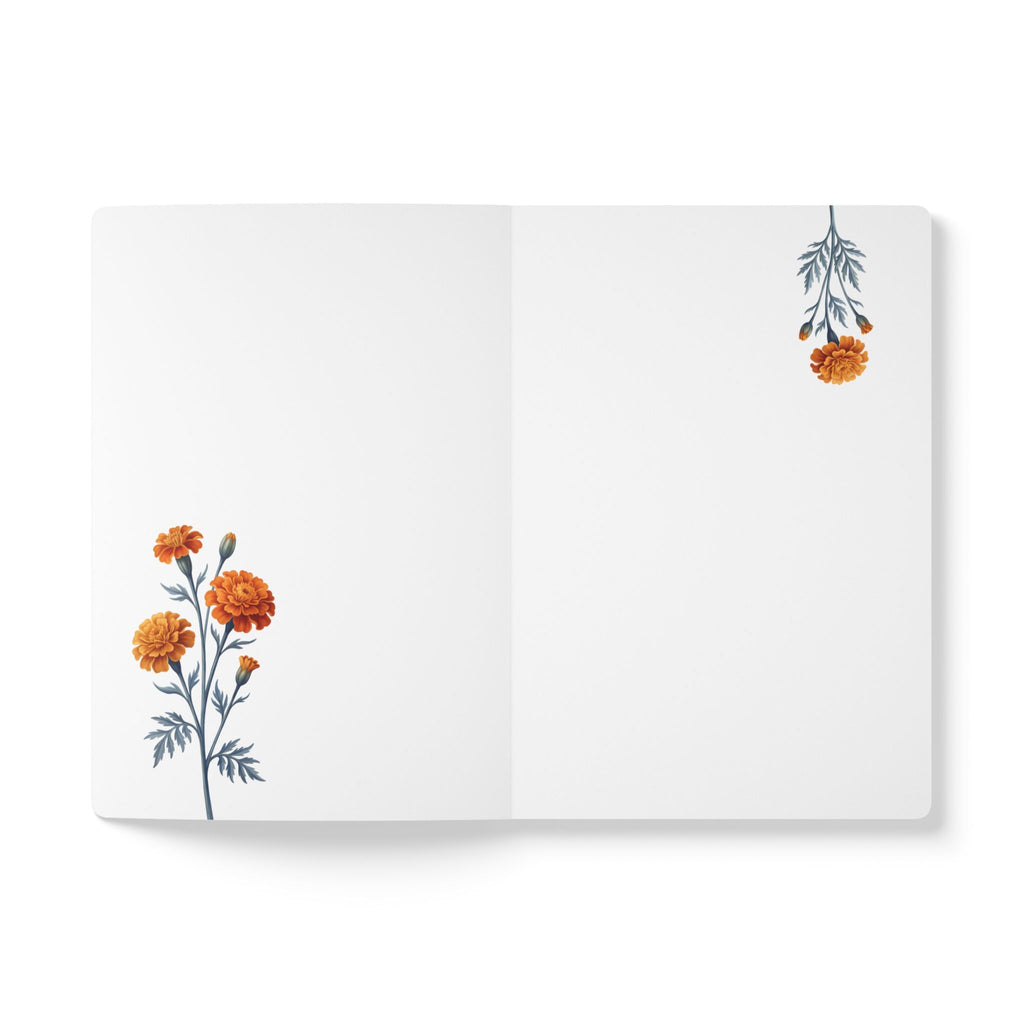 October birth flower journal with orange marigold oil painting art and lace border on a teal cover, view 5
