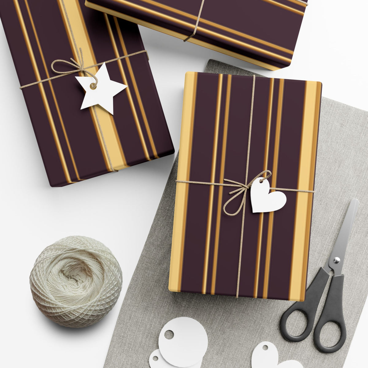1960s-inspired gold stripe wrapping paper on deep plum, view 2