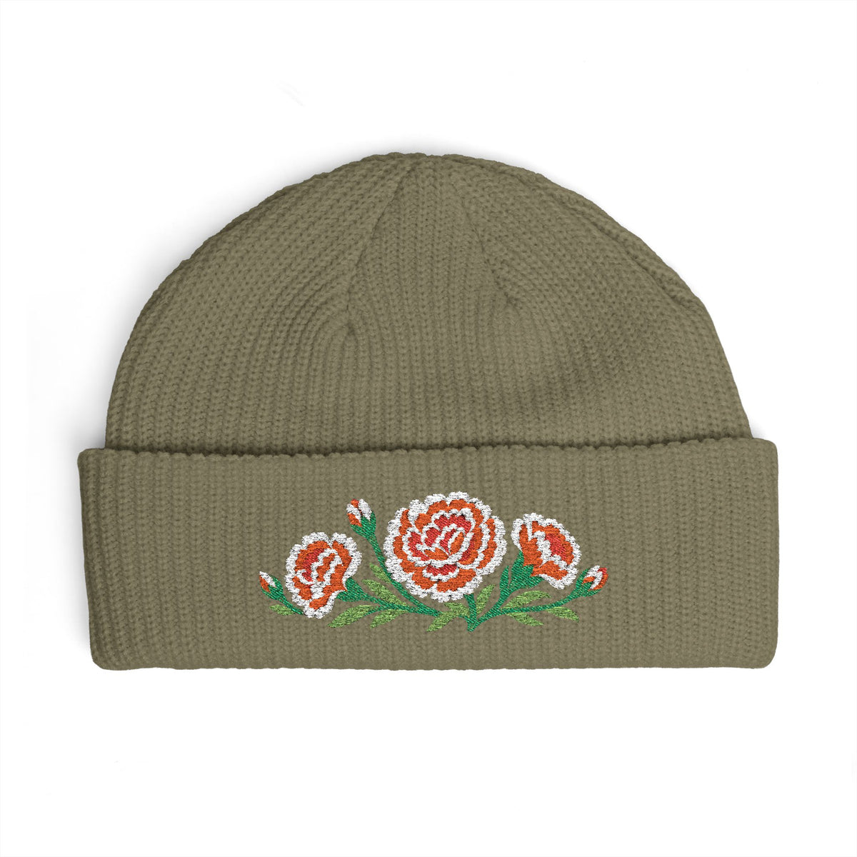 Cuffed knit beanie embroidered with the carnation, January birth flower, view 6