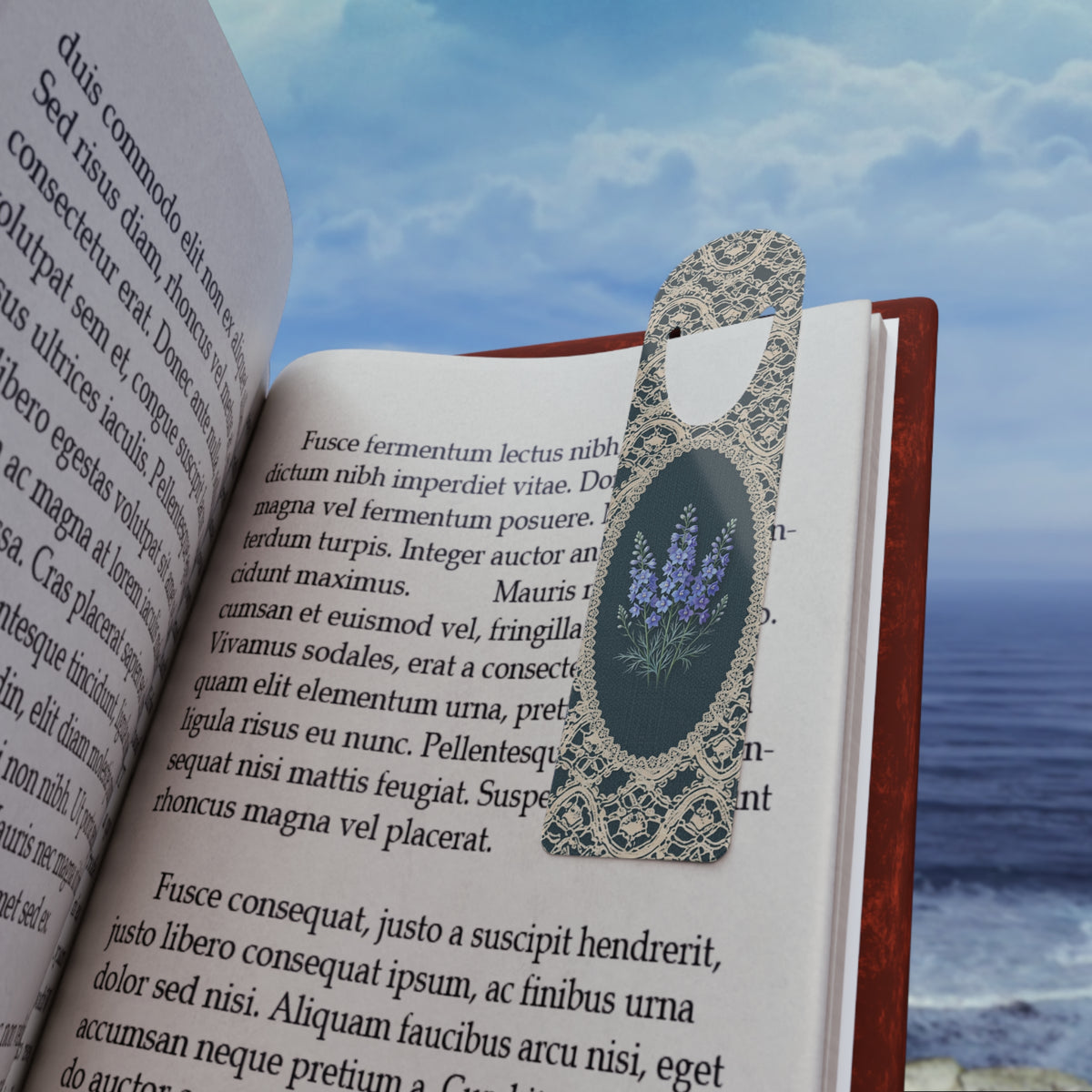 Metal bookmark with blue larkspur, the July birth flower, in vintage lace floral art, view 2