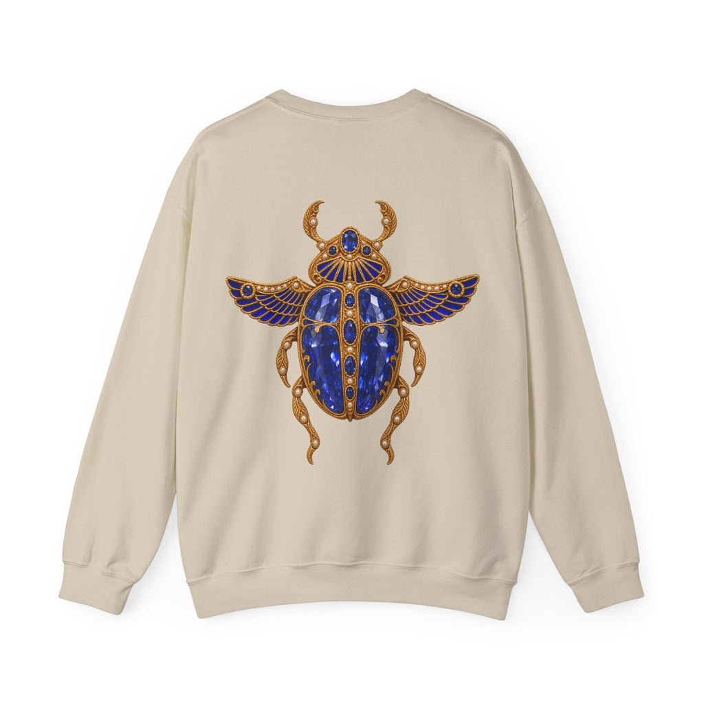 September birthstone sweatshirt with jeweled sapphire scarab brooch art and personalized monogram, view 2