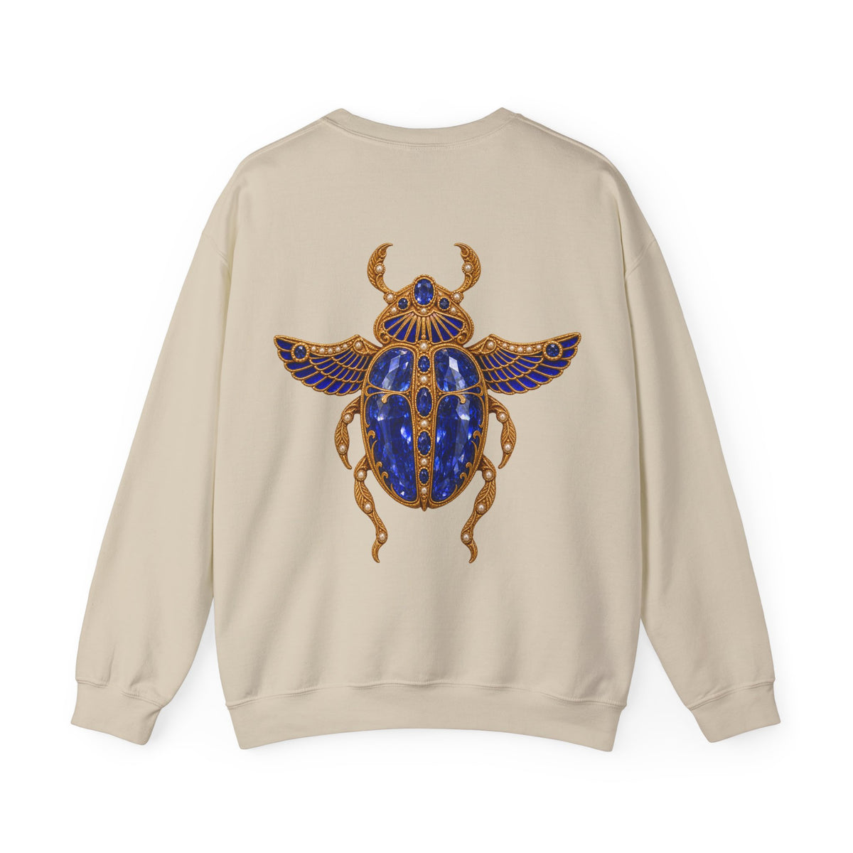 September birthstone sweatshirt with jeweled sapphire scarab brooch art and personalized monogram, view 2