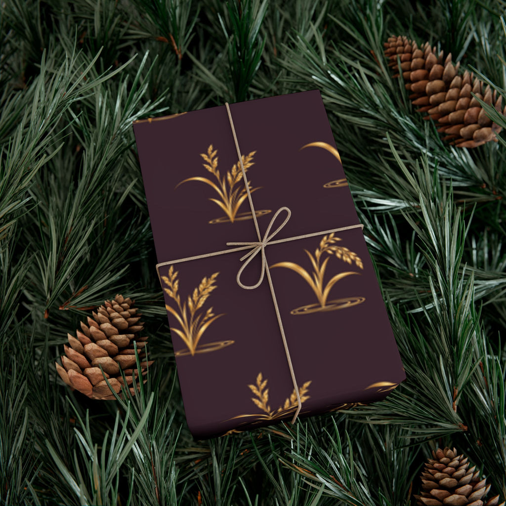 Elegant holiday wrapping paper with gold reeds and ducks on deep plum, view 12