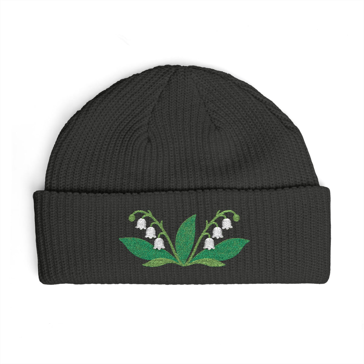 Cuffed knit beanie embroidered with the lily of the valley, May birth flower, view 8