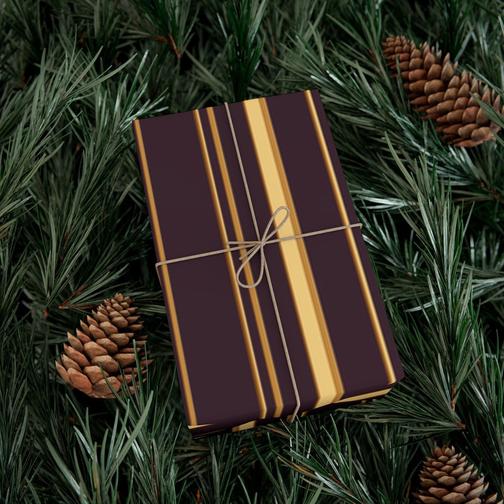 1960s-inspired gold stripe wrapping paper on deep plum, view 8