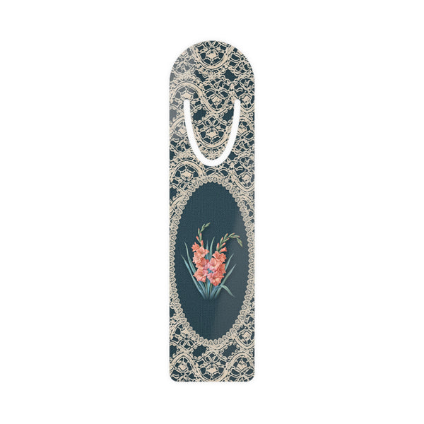 Metal bookmark with coral gladiolus, the August birth flower, in vintage lace floral art